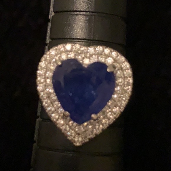 S925 STAMPED Royal Paved Heart & Resin Blue Heart Sterling Silver ring size 5.5 - Picture 3 of 14